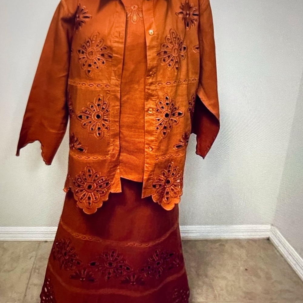 Rust Orange Embroidered Three-Piece Set